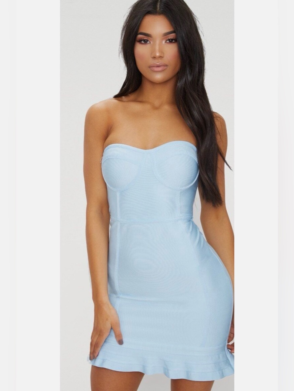 PrettyLittleThing Baby Blue Bandage Bodycon Dress |Strapless Sweetheart Mini | 6